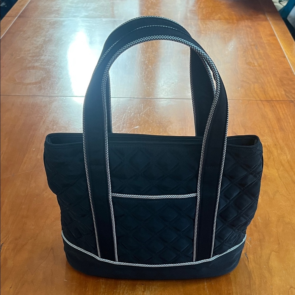 NWOT Vera Bradley Black Quilted Tote Bag with Zip Closure and Contrast Welting.